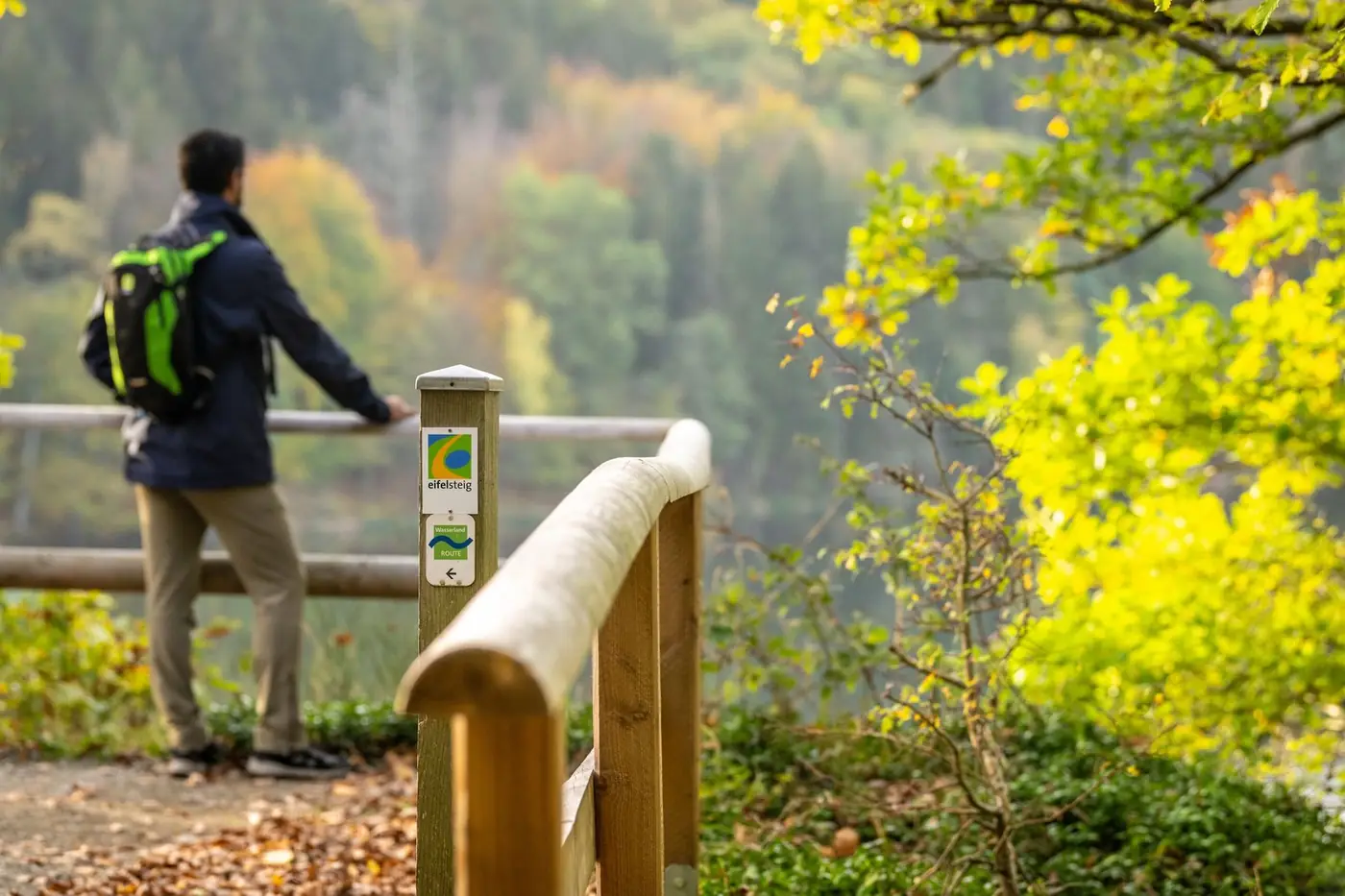 Wandelaar bij een reling met Eifelsteig-wegwijzer, uitkijkend over een dal in herfstkleuren