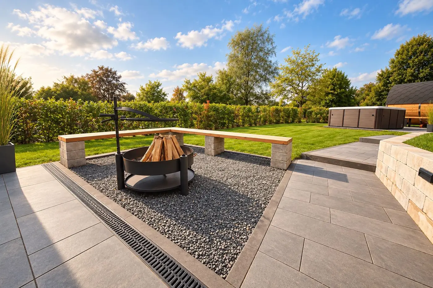 Vuurplaats met houten bank in een grindbed