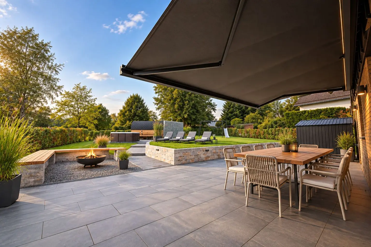 Terras van het Vennchalet in het avondlicht met grote houten tafel, vuurplaats en ligbedden in de tuin
