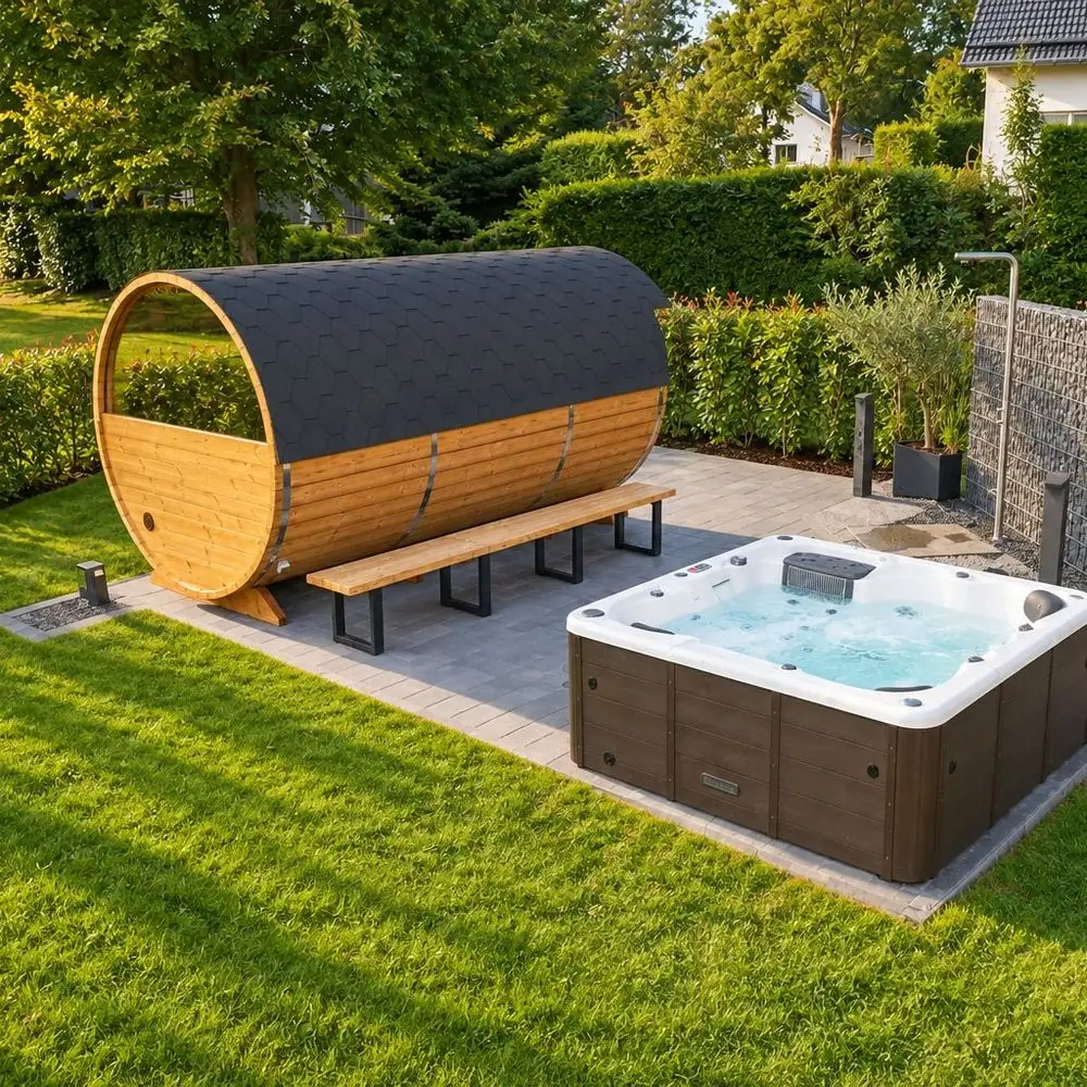 Tonsauna en whirlpool in de tuin van het Vennchalet