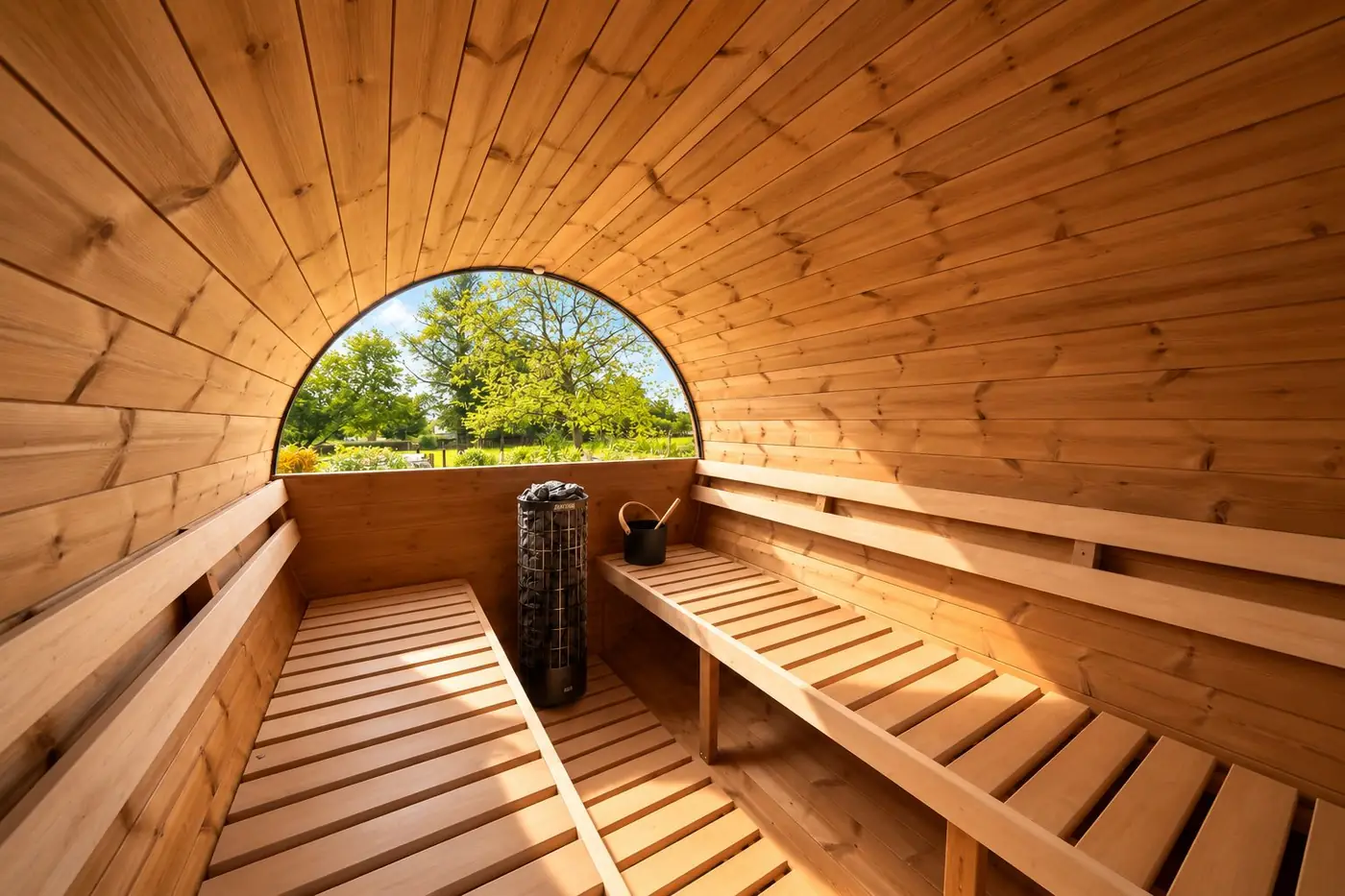 Binnenkant van de tonsauna met panoramaraam naar de tuin