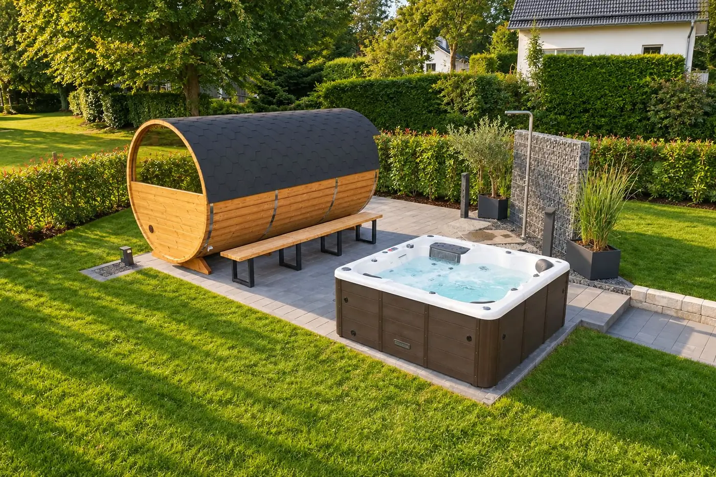 Tonsauna en whirlpool op het terras in de tuin