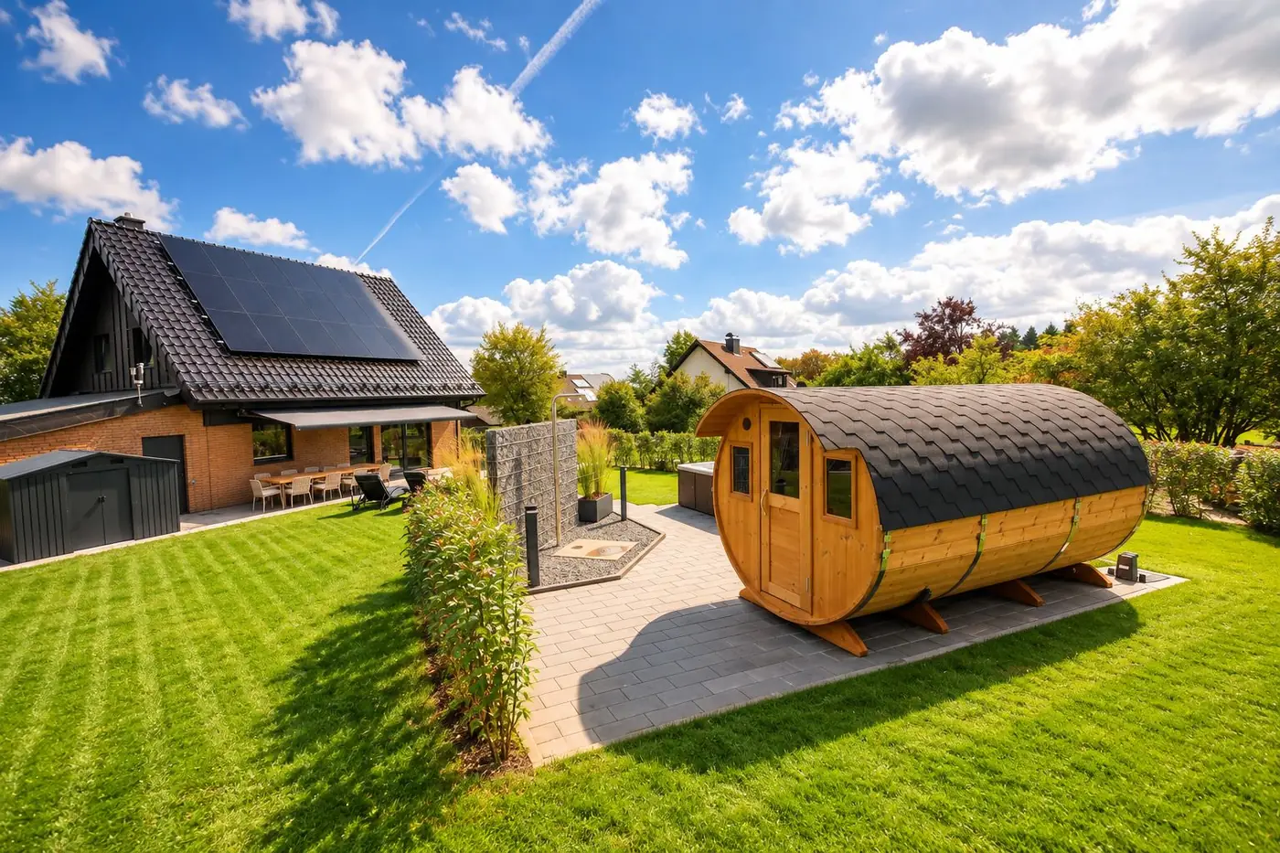 Het Vennchalet met zonnepanelen, terras en tonsauna in de tuin onder een blauwe hemel